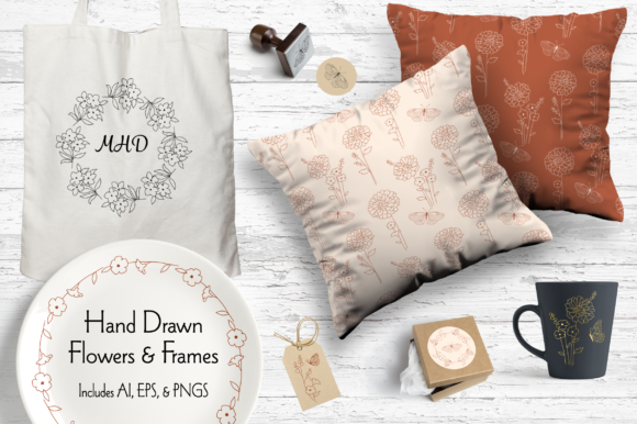 Hand Drawn Flowers Frames: Botanical Design Assets