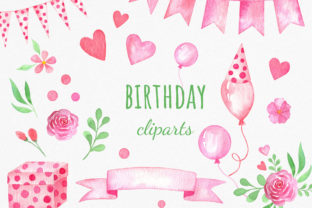 Pink Watercolor Birthday Cliparts Set for Creative Projects